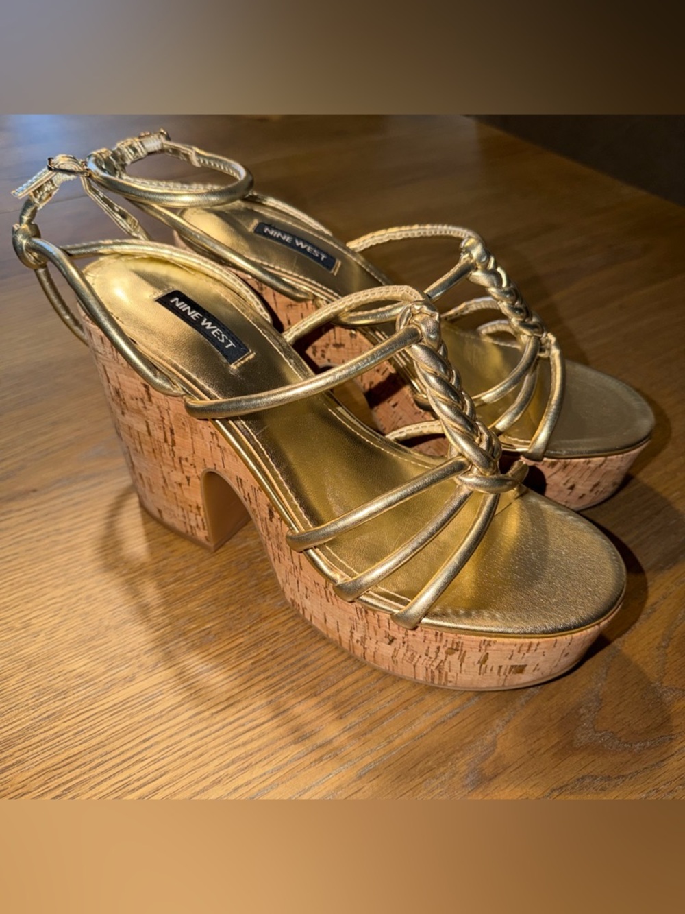 NWOB Nine West Platino Olander Knotted Platform Sandals Gold Ankle Strap Wedge - Picture 3 of 5